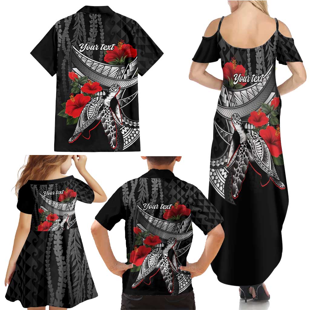 Hawaiian Honu Personalized Family Matching Summer Maxi Dress and Hawaiian Shirt Black Tribal Hook Pattern