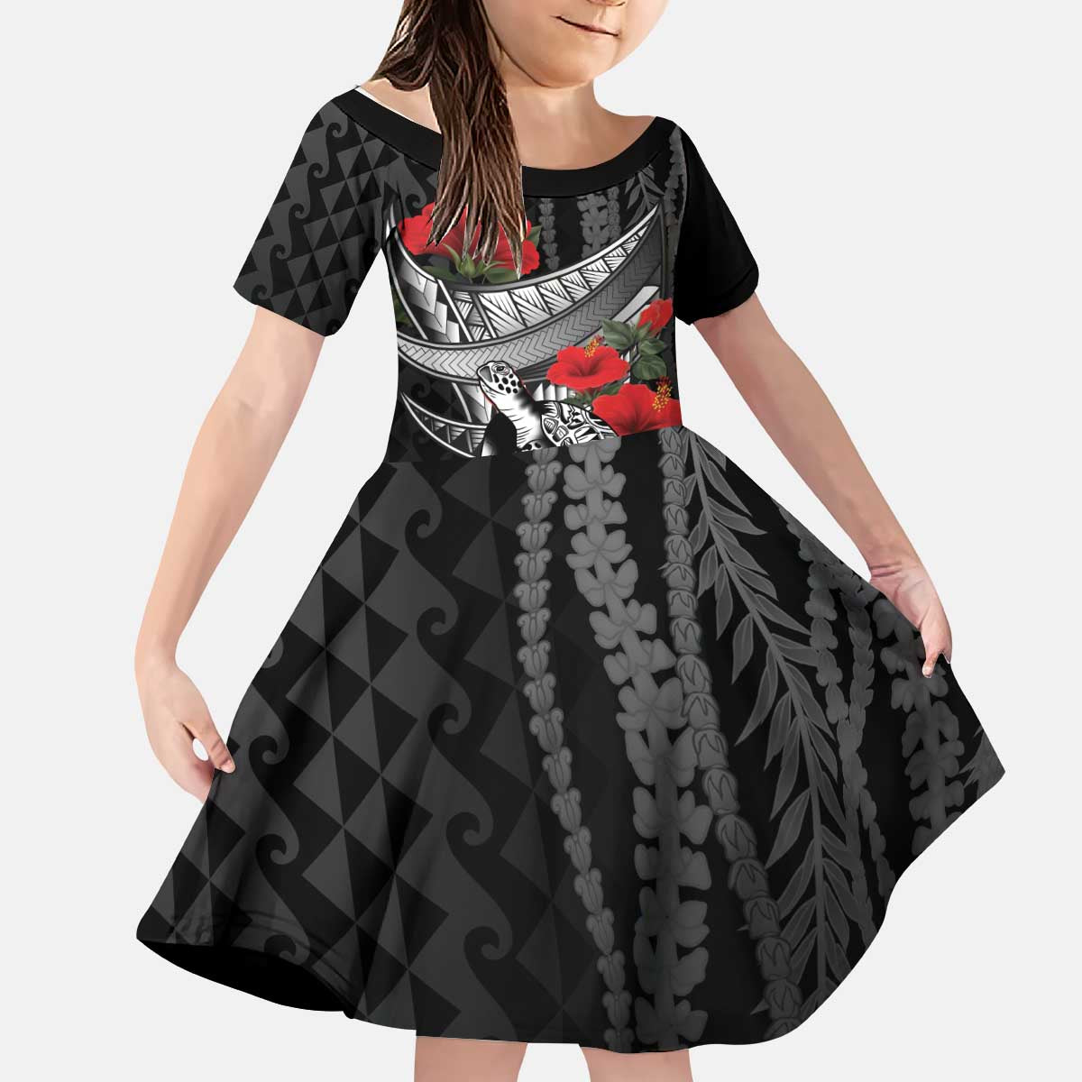 Hawaiian Honu Personalized Kid Short Sleeve Dress Black Tribal Hook Pattern