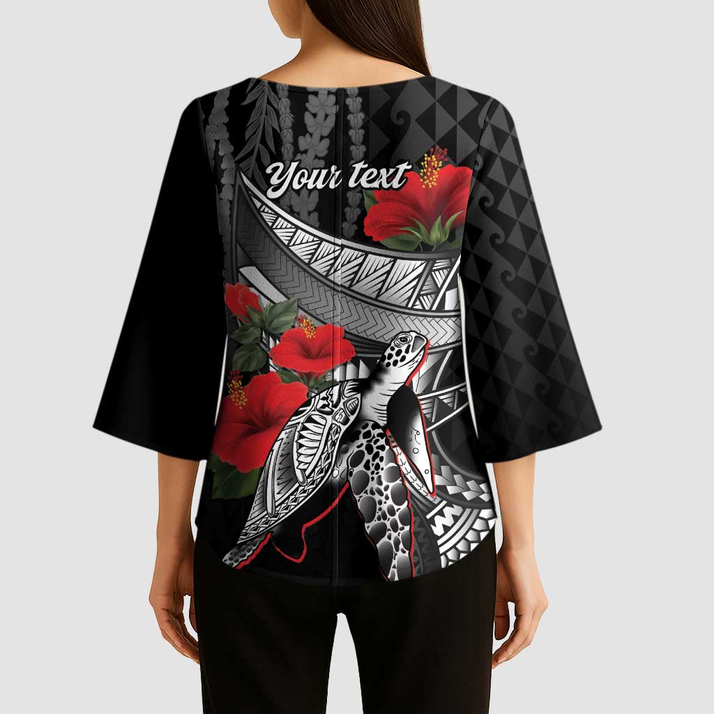 Hawaiian Honu Personalized Kimono Sleeve Blouse Black Tribal Hook Pattern