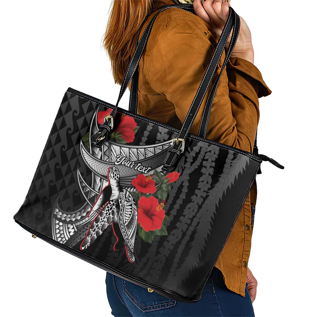 Hawaiian Honu Personalized Leather Tote Bag Black Tribal Hook Pattern
