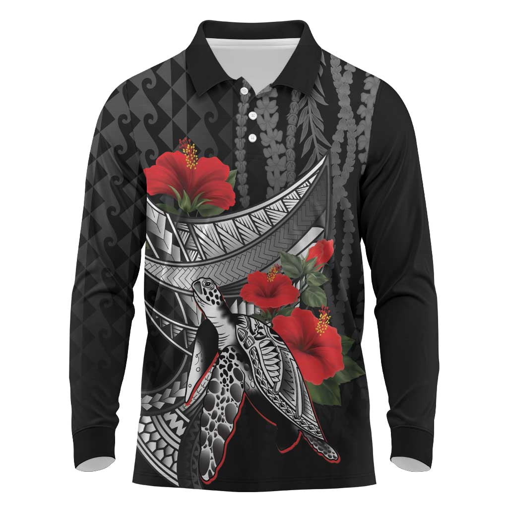 Hawaiian Honu Personalized Long Sleeve Polo Shirt Black Tribal Hook Pattern