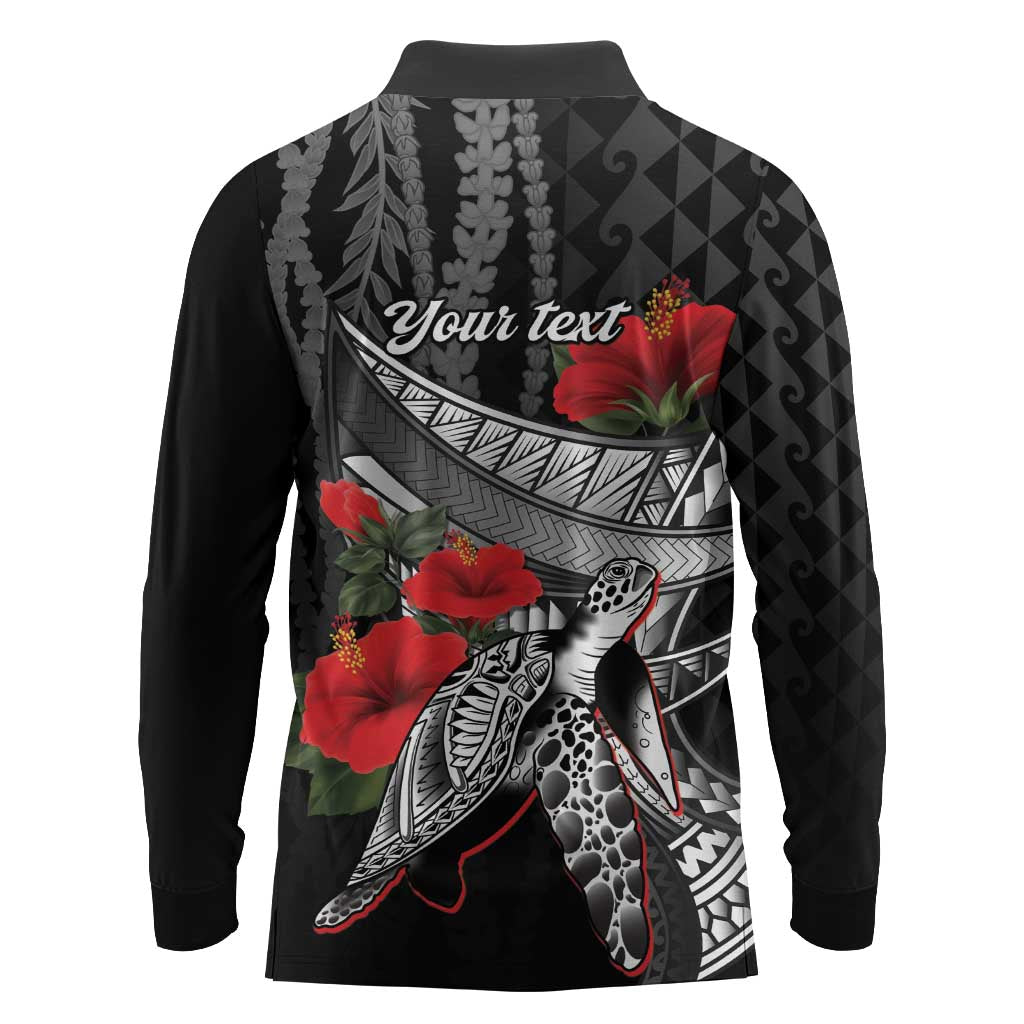 Hawaiian Honu Personalized Long Sleeve Polo Shirt Black Tribal Hook Pattern