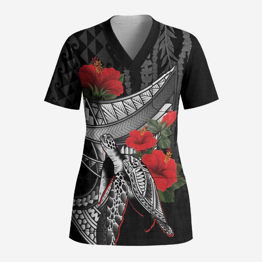 Hawaiian Honu Personalized Scrub Top Black Tribal Hook Pattern