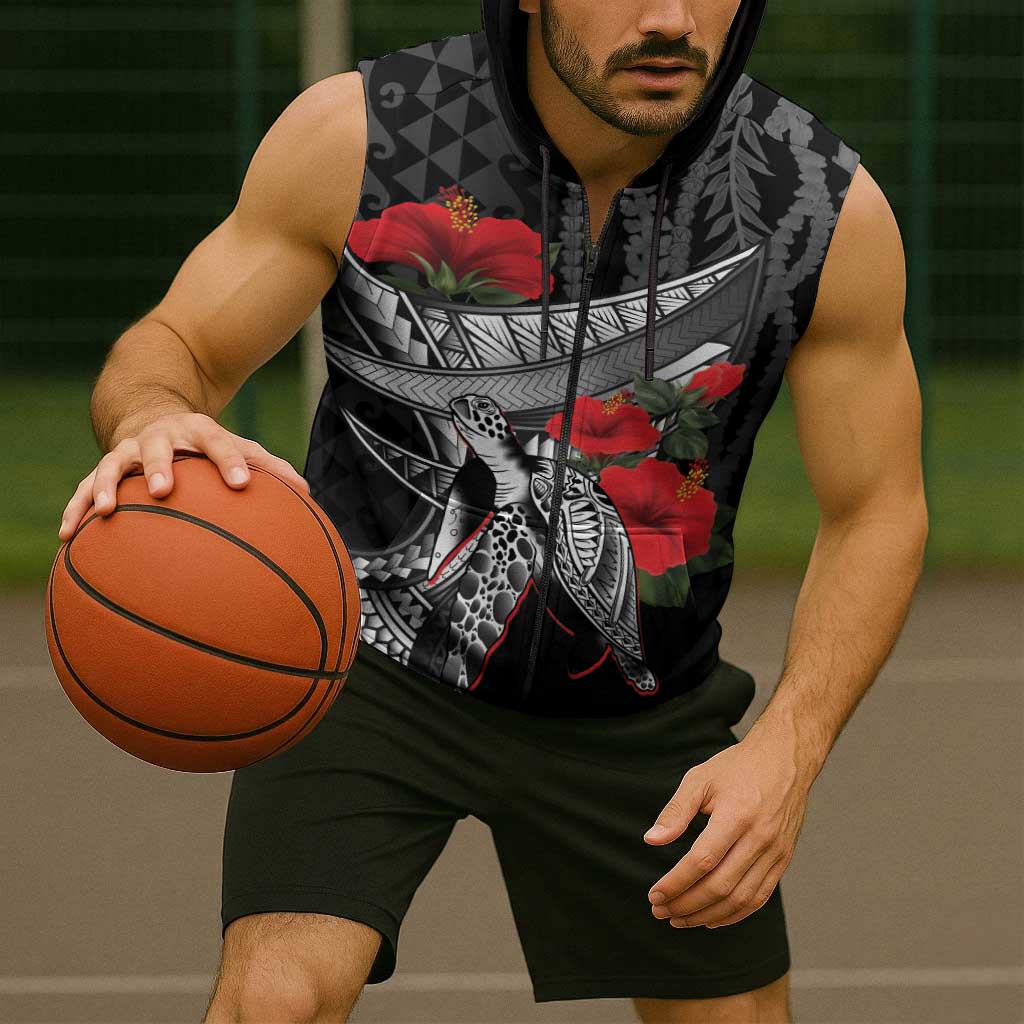 Hawaiian Honu Personalized Sleeveless Zip Hoodie Black Tribal Hook Pattern