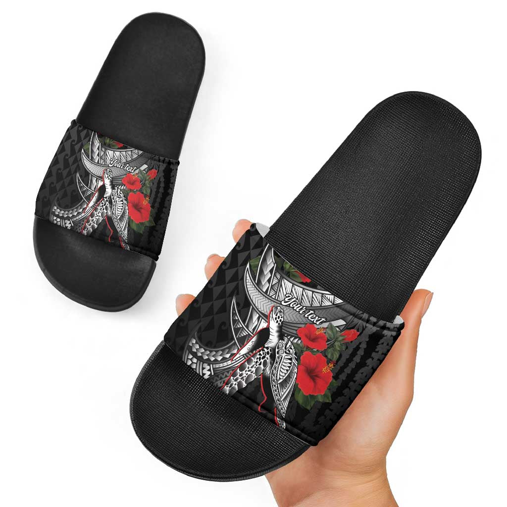 Hawaiian Honu Personalized Slide Sandals Black Tribal Hook Pattern