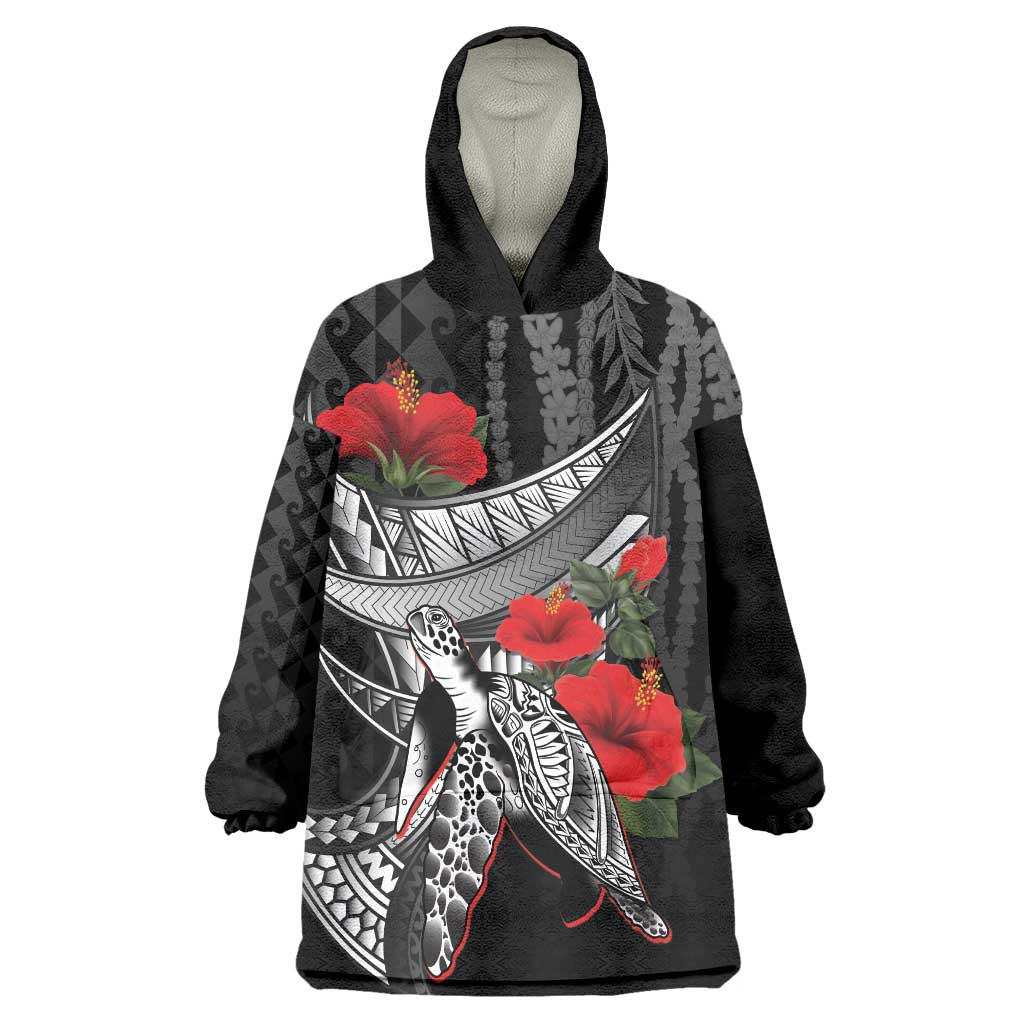 Hawaiian Honu Personalized Wearable Blanket Hoodie Black Tribal Hook Pattern