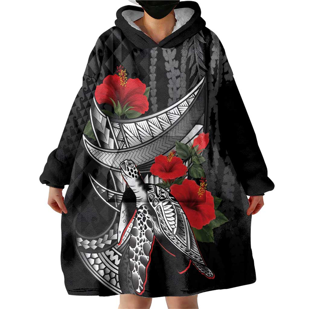 Hawaiian Honu Personalized Wearable Blanket Hoodie Black Tribal Hook Pattern