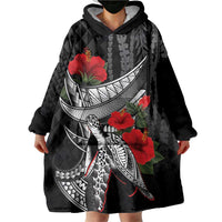 Hawaiian Honu Personalized Wearable Blanket Hoodie Black Tribal Hook Pattern