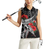 Hawaiian Honu Personalized Women Sleeveless Polo Shirt Black Tribal Hook Pattern