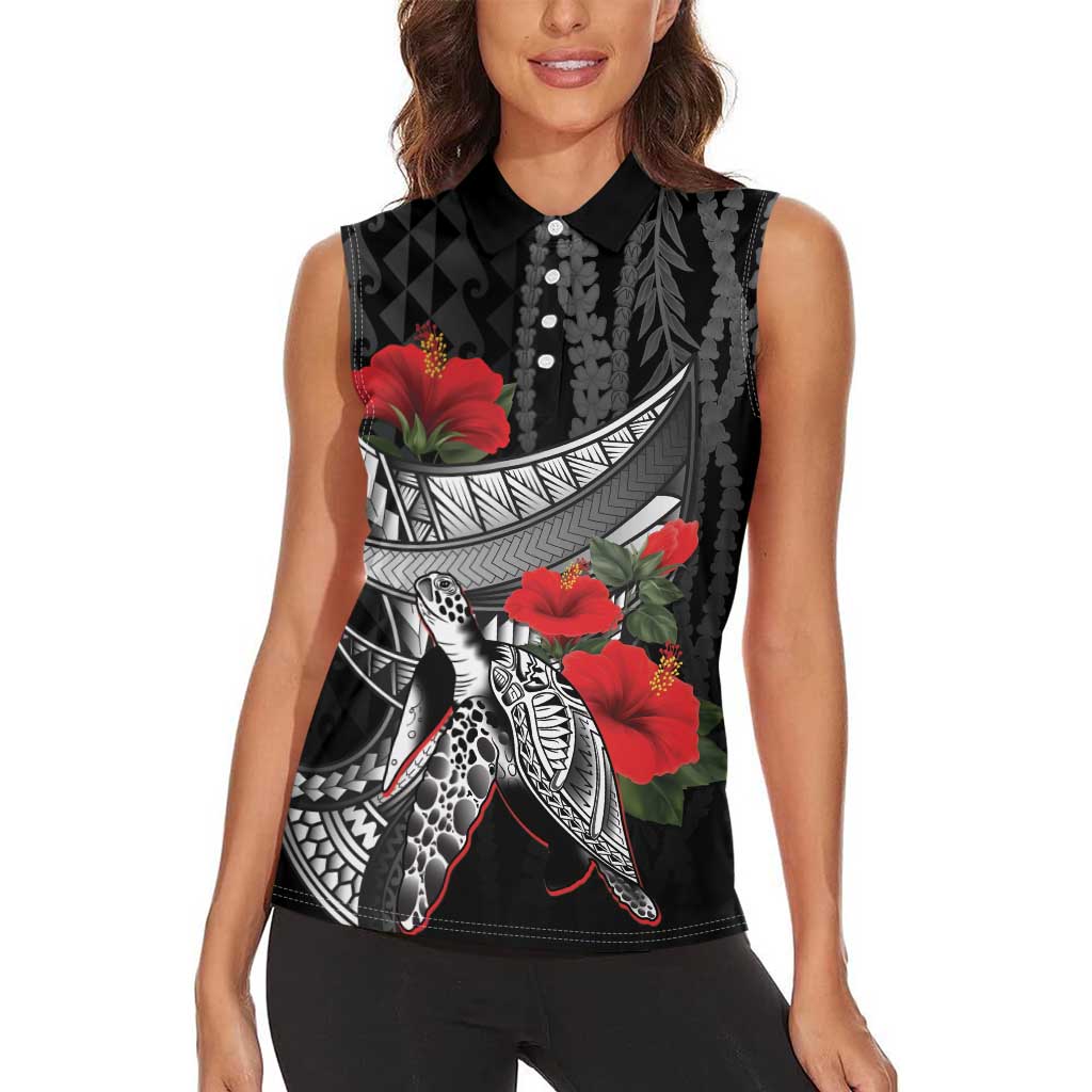 Hawaiian Honu Personalized Women Sleeveless Polo Shirt Black Tribal Hook Pattern