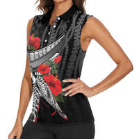 Hawaiian Honu Personalized Women Sleeveless Polo Shirt Black Tribal Hook Pattern
