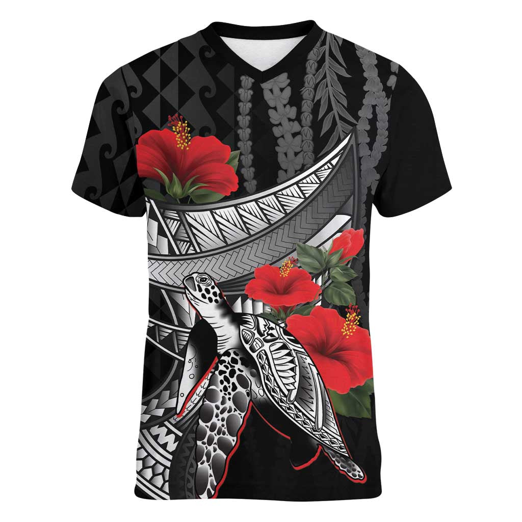 Hawaiian Honu Personalized Women V-Neck T-Shirt Black Tribal Hook Pattern