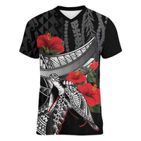 Hawaiian Honu Personalized Women V-Neck T-Shirt Black Tribal Hook Pattern