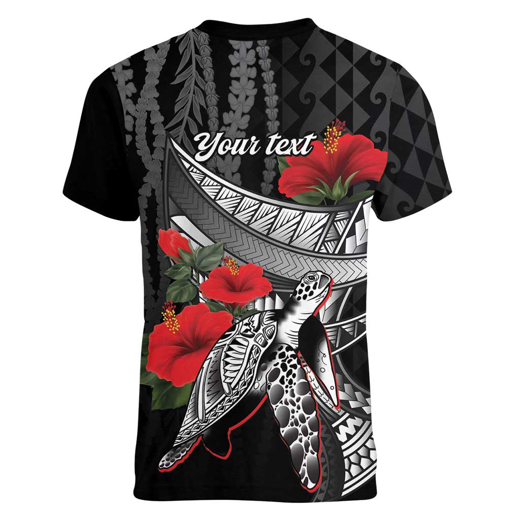 Hawaiian Honu Personalized Women V-Neck T-Shirt Black Tribal Hook Pattern
