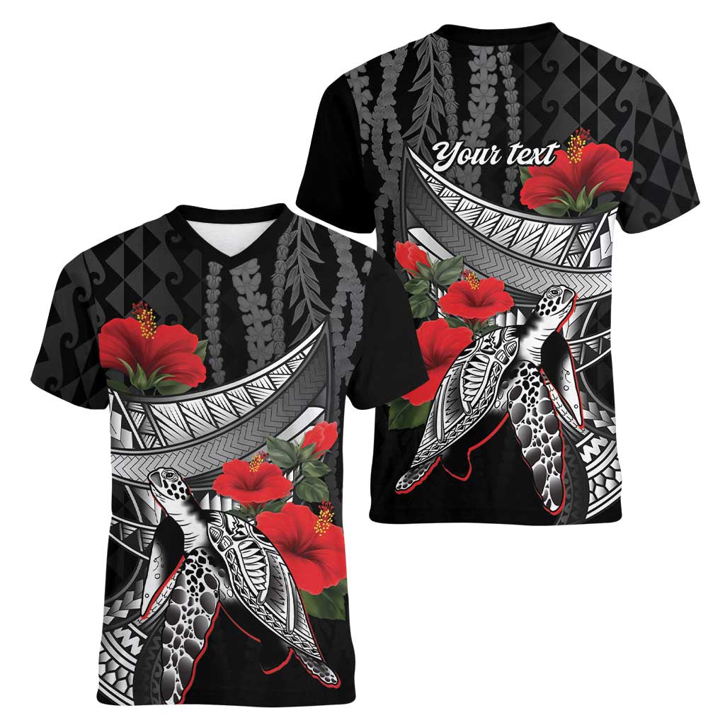 Hawaiian Honu Personalized Women V-Neck T-Shirt Black Tribal Hook Pattern