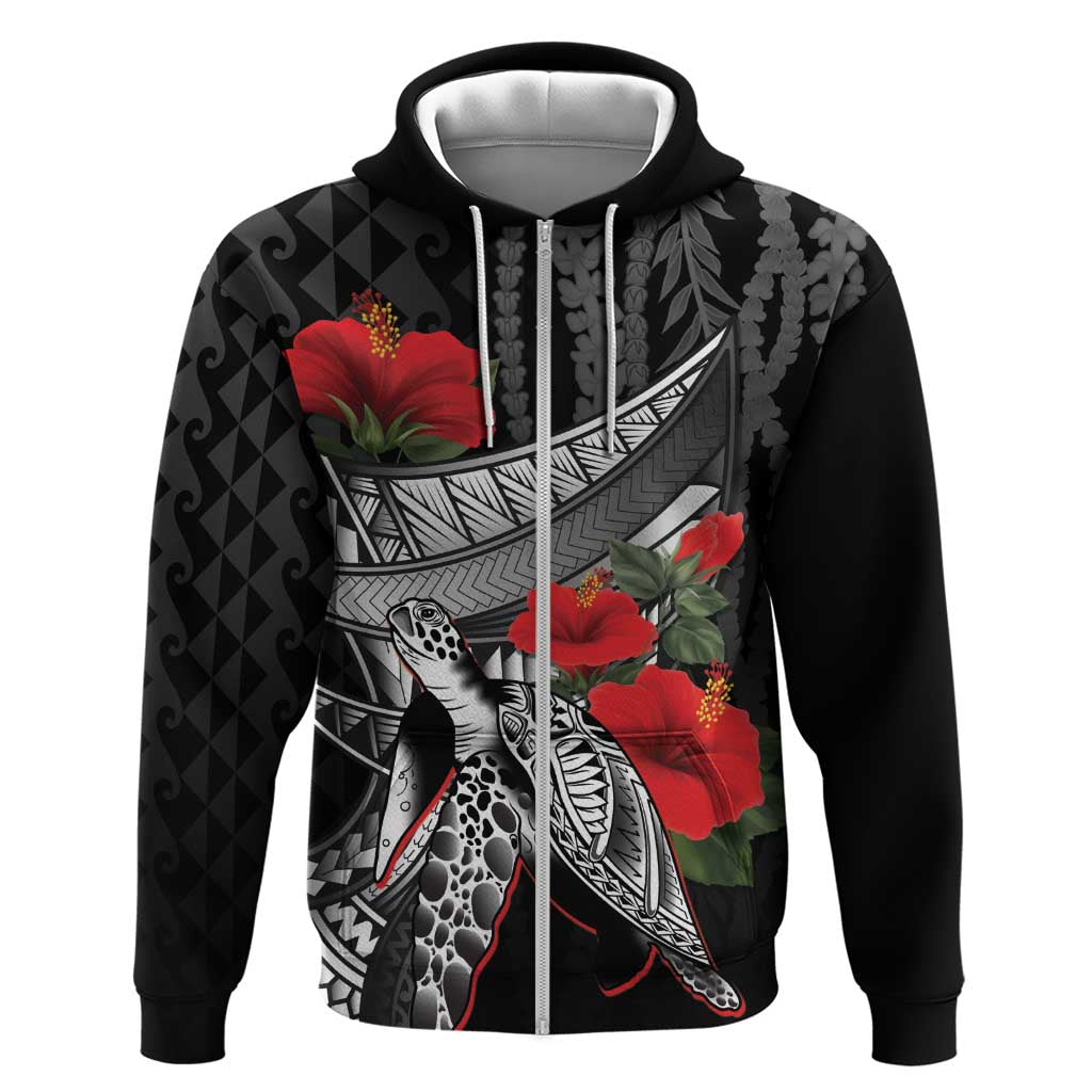Hawaiian Honu Personalized Zip Hoodie Black Tribal Hook Pattern