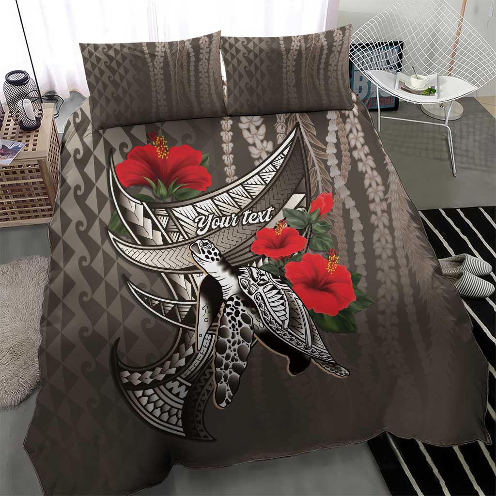 Hawaiian Honu Personalized Bedding Set Mocha Mousse Hibiscus Tribal Hook Pattern