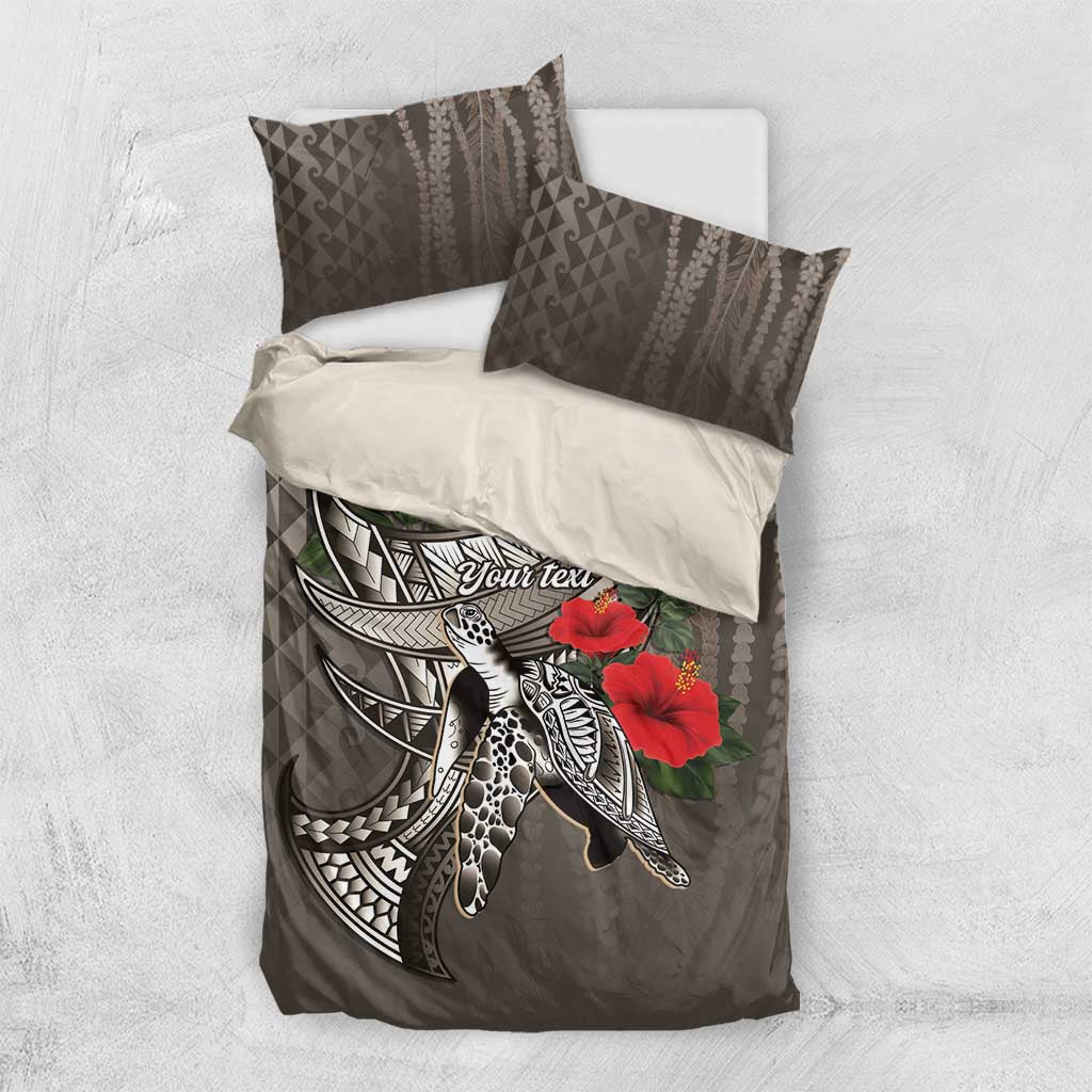 Hawaiian Honu Personalized Bedding Set Mocha Mousse Hibiscus Tribal Hook Pattern