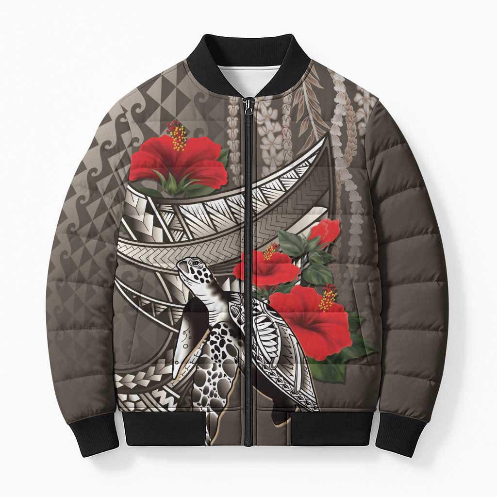 Hawaiian Honu Personalized Bomber Puffer Jacket Mocha Mousse Hibiscus Tribal Hook Pattern