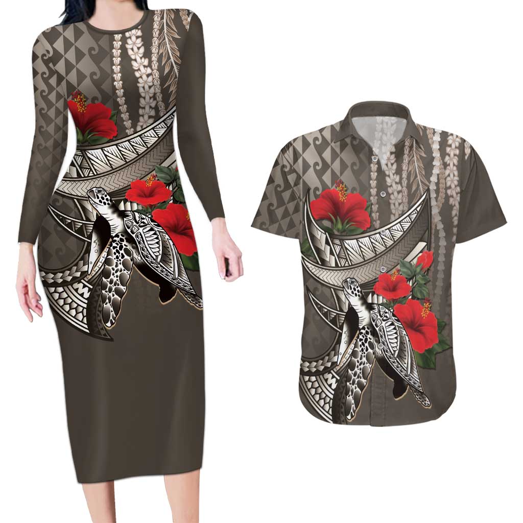 Hawaiian Honu Personalized Couples Matching Long Sleeve Bodycon Dress and Hawaiian Shirt Mocha Mousse Hibiscus Tribal Hook Pattern
