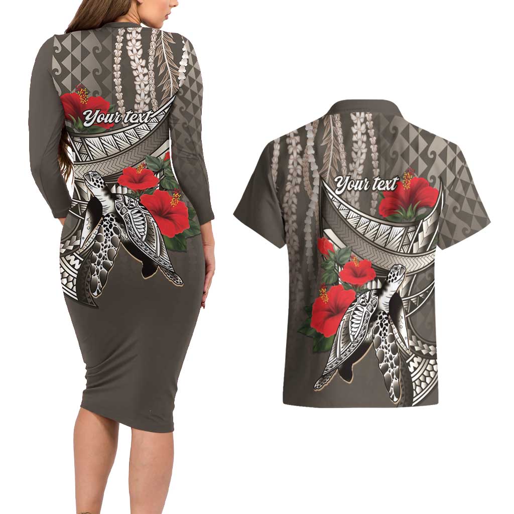 Hawaiian Honu Personalized Couples Matching Long Sleeve Bodycon Dress and Hawaiian Shirt Mocha Mousse Hibiscus Tribal Hook Pattern