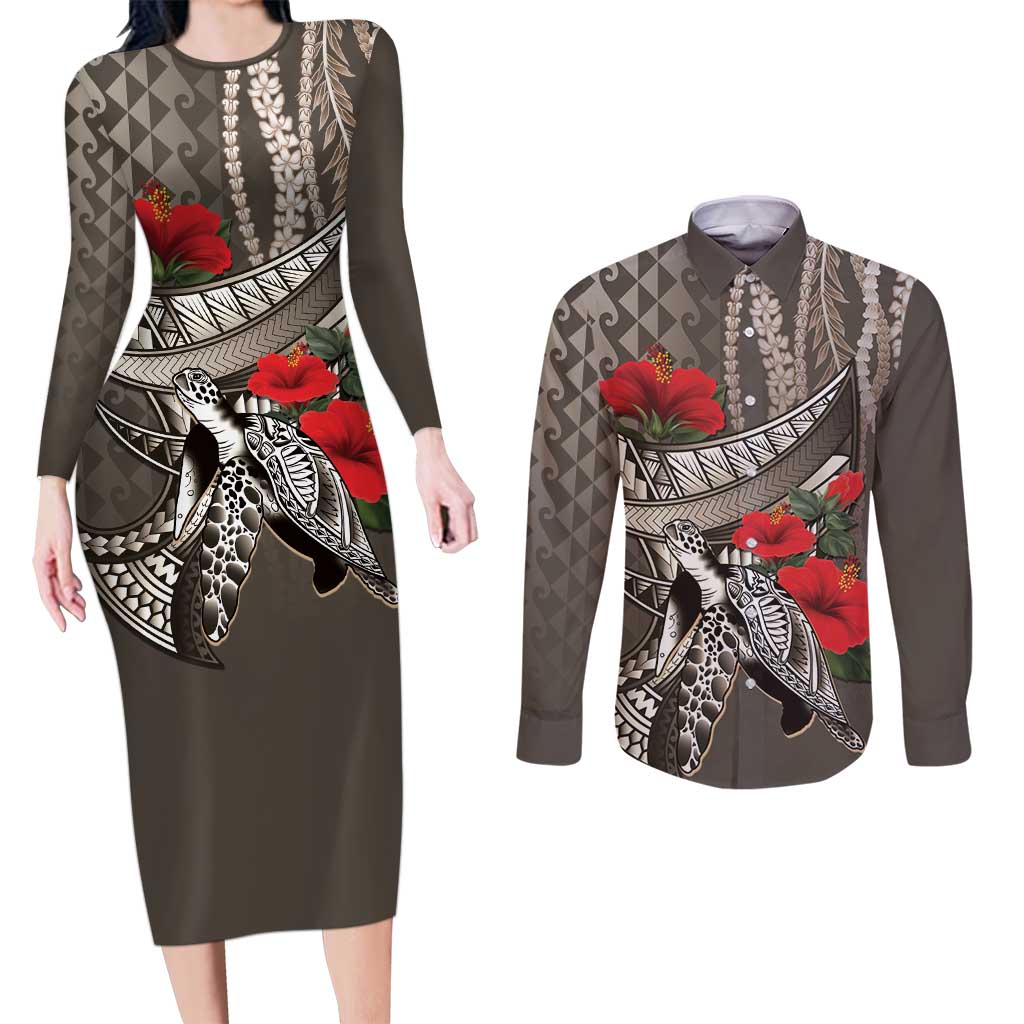 Hawaiian Honu Personalized Couples Matching Long Sleeve Bodycon Dress and Long Sleeve Button Shirt Mocha Mousse Hibiscus Tribal Hook Pattern