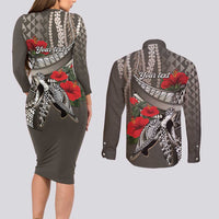 Hawaiian Honu Personalized Couples Matching Long Sleeve Bodycon Dress and Long Sleeve Button Shirt Mocha Mousse Hibiscus Tribal Hook Pattern