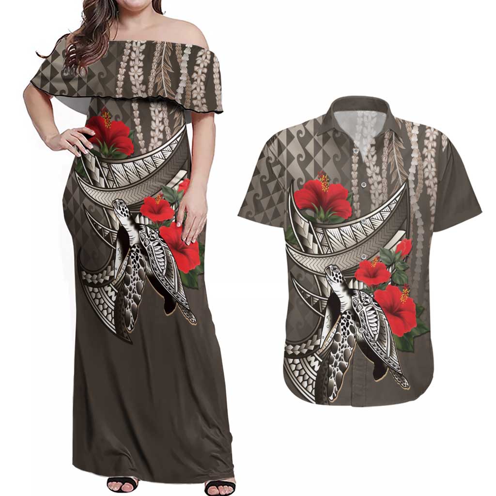 Hawaiian Honu Personalized Couples Matching Off Shoulder Maxi Dress and Hawaiian Shirt Mocha Mousse Hibiscus Tribal Hook Pattern