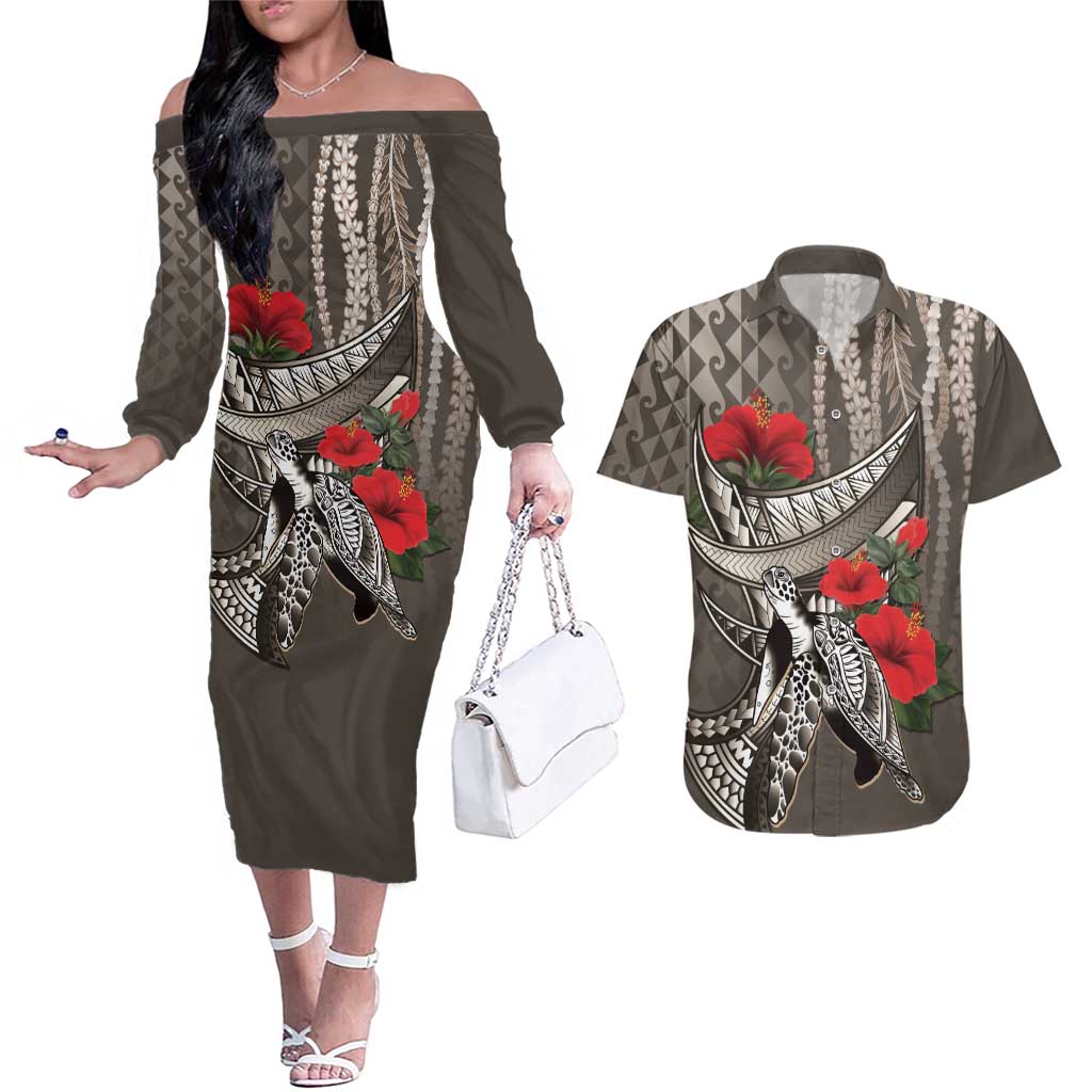 Hawaiian Honu Personalized Couples Matching Off The Shoulder Long Sleeve Dress and Hawaiian Shirt Mocha Mousse Hibiscus Tribal Hook Pattern LT9 Mocha - Polynesian Pride