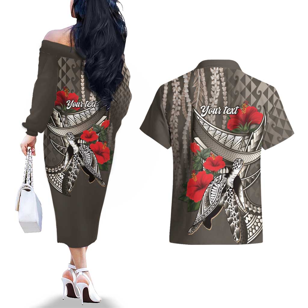 Hawaiian Honu Personalized Couples Matching Off The Shoulder Long Sleeve Dress and Hawaiian Shirt Mocha Mousse Hibiscus Tribal Hook Pattern LT9 - Polynesian Pride