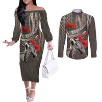 Hawaiian Honu Personalized Couples Matching Off The Shoulder Long Sleeve Dress and Long Sleeve Button Shirt Mocha Mousse Hibiscus Tribal Hook Pattern