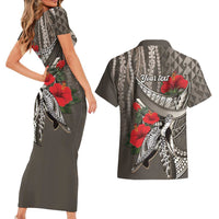 Hawaiian Honu Personalized Couples Matching Short Sleeve Bodycon Dress and Hawaiian Shirt Mocha Mousse Hibiscus Tribal Hook Pattern