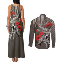 Hawaiian Honu Personalized Couples Matching Tank Maxi Dress and Long Sleeve Button Shirt Mocha Mousse Hibiscus Tribal Hook Pattern