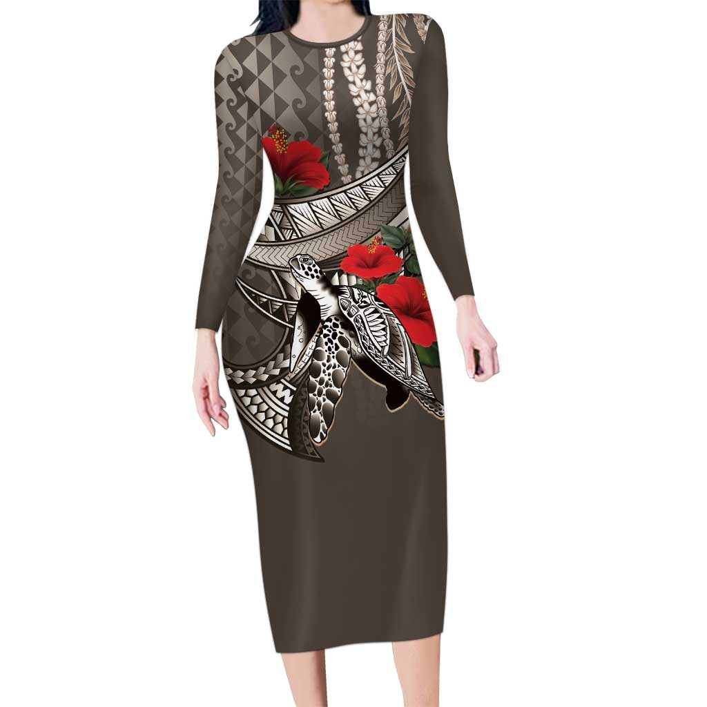 Hawaiian Honu Personalized Family Matching Long Sleeve Bodycon Dress and Hawaiian Shirt Mocha Mousse Hibiscus Tribal Hook Pattern
