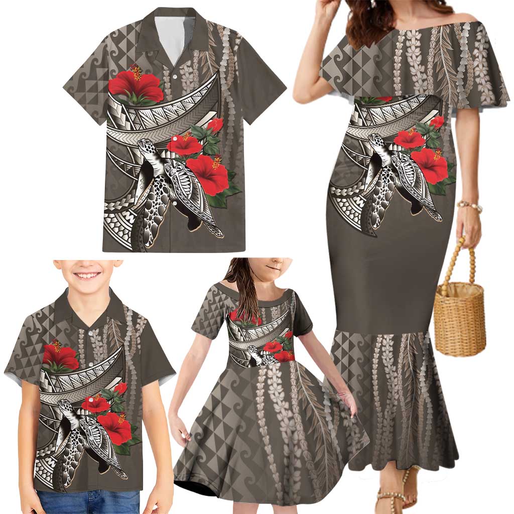 Hawaiian Honu Personalized Family Matching Mermaid Dress and Hawaiian Shirt Mocha Mousse Hibiscus Tribal Hook Pattern