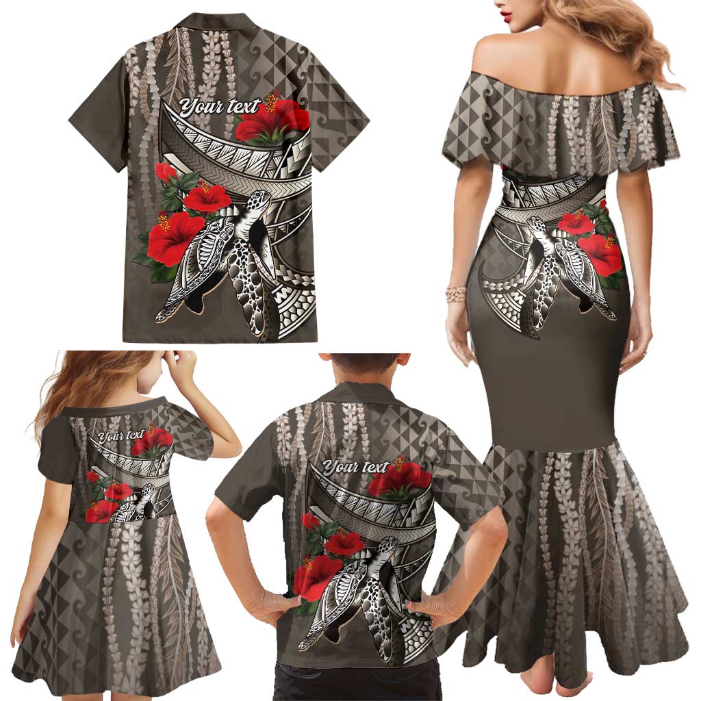 Hawaiian Honu Personalized Family Matching Mermaid Dress and Hawaiian Shirt Mocha Mousse Hibiscus Tribal Hook Pattern