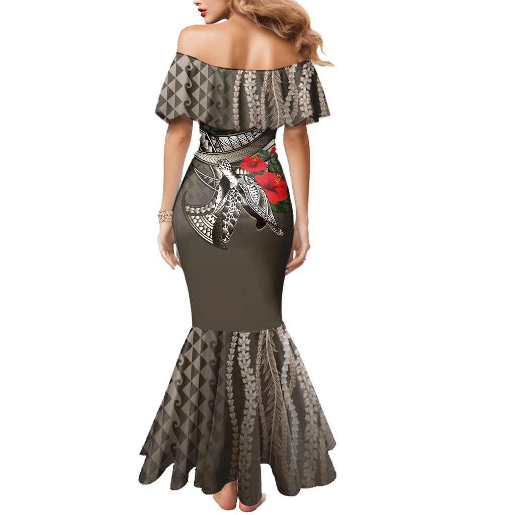 Hawaiian Honu Personalized Family Matching Mermaid Dress and Hawaiian Shirt Mocha Mousse Hibiscus Tribal Hook Pattern