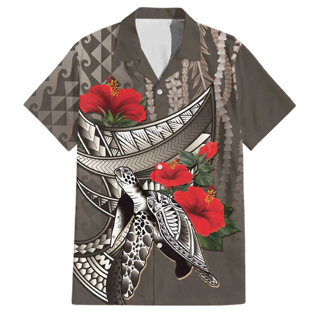 Hawaiian Honu Personalized Family Matching Off The Shoulder Long Sleeve Dress and Hawaiian Shirt Mocha Mousse Hibiscus Tribal Hook Pattern