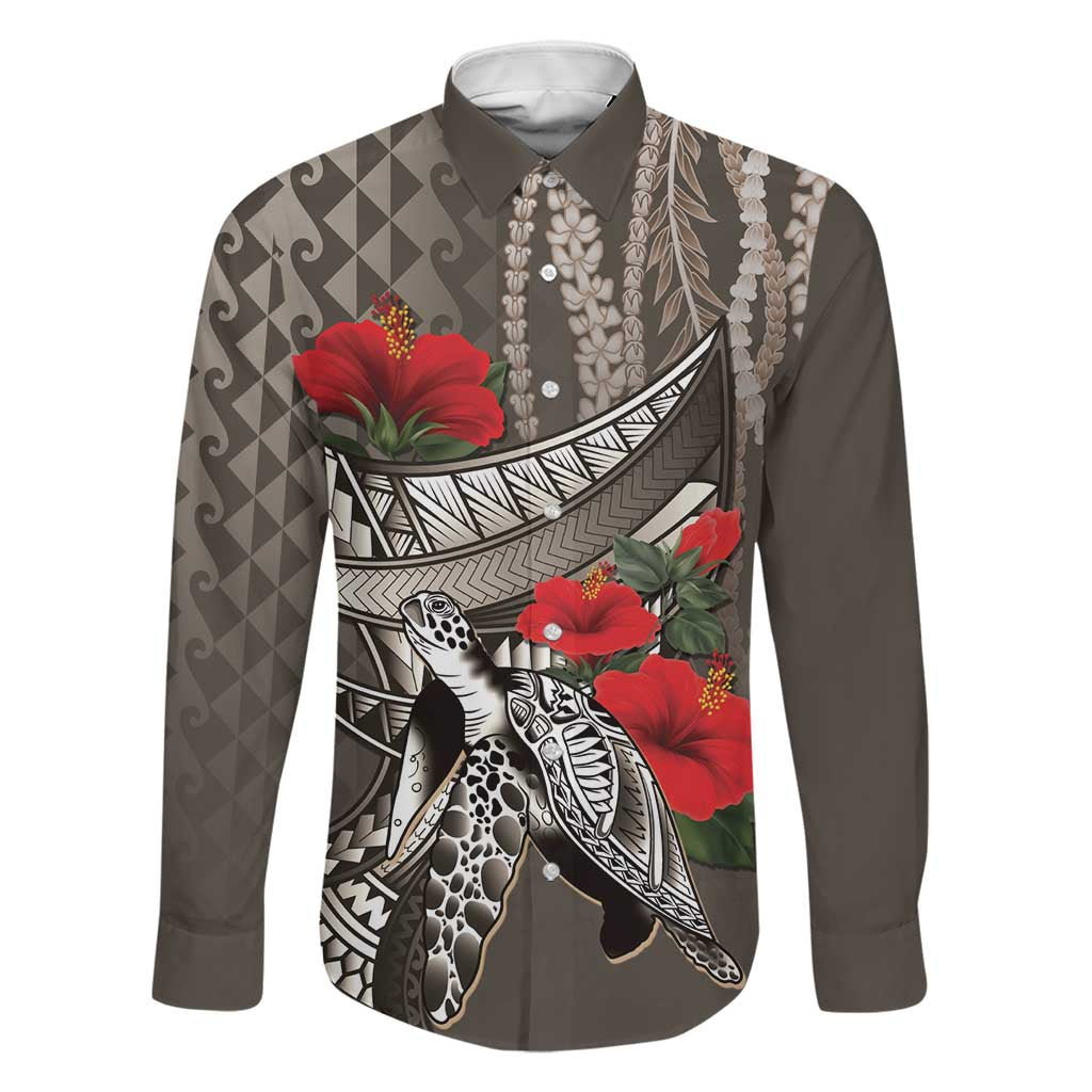 Hawaiian Honu Personalized Family Matching Off The Shoulder Long Sleeve Dress and Hawaiian Shirt Mocha Mousse Hibiscus Tribal Hook Pattern