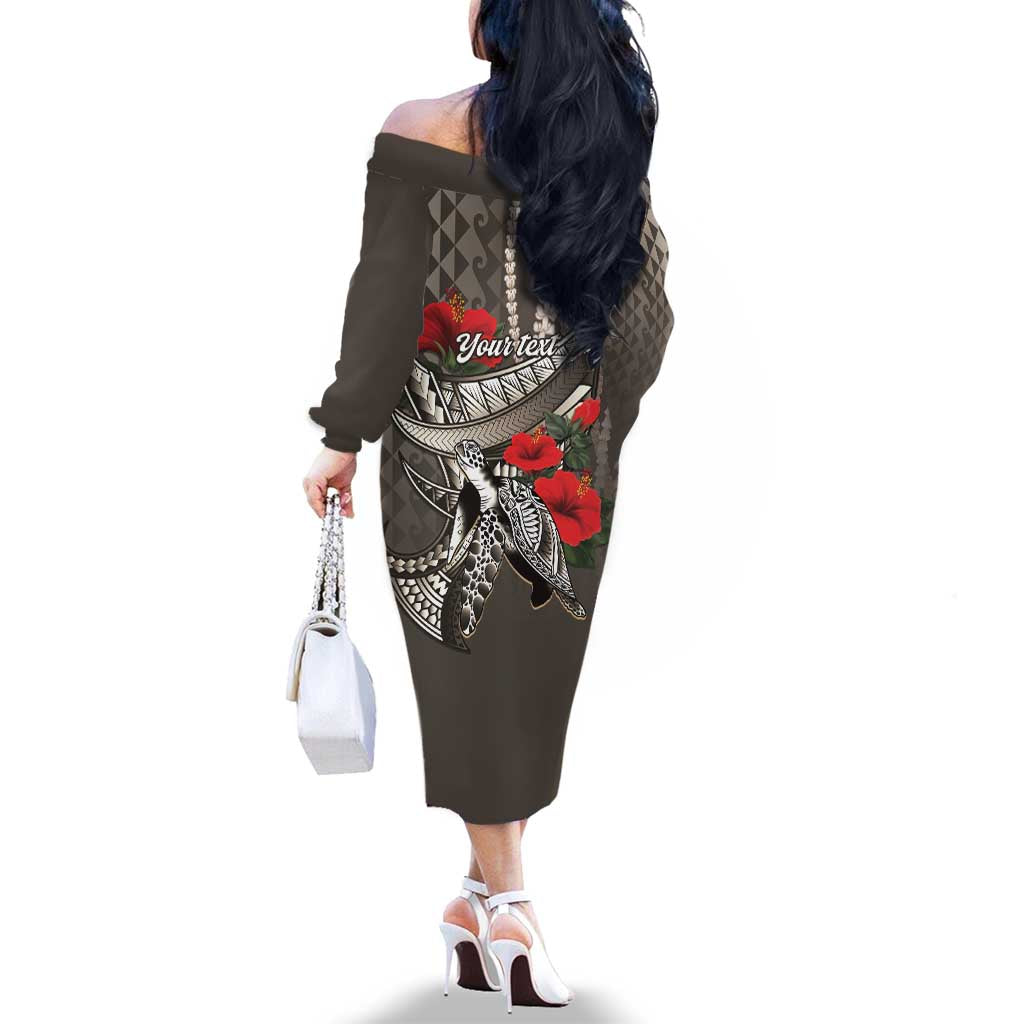 Hawaiian Honu Personalized Family Matching Off The Shoulder Long Sleeve Dress and Hawaiian Shirt Mocha Mousse Hibiscus Tribal Hook Pattern
