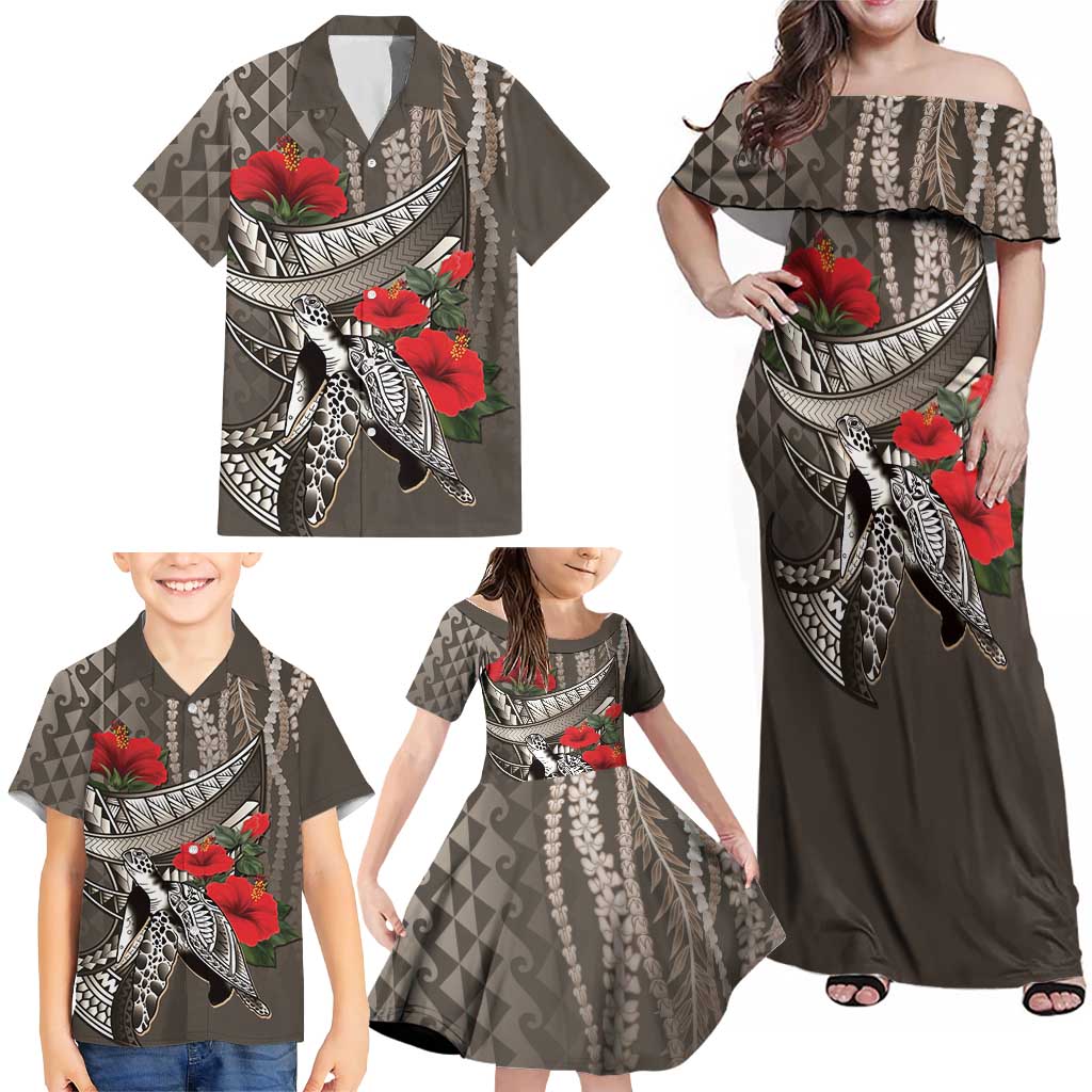 Hawaiian Honu Personalized Family Matching Off Shoulder Maxi Dress and Hawaiian Shirt Mocha Mousse Hibiscus Tribal Hook Pattern
