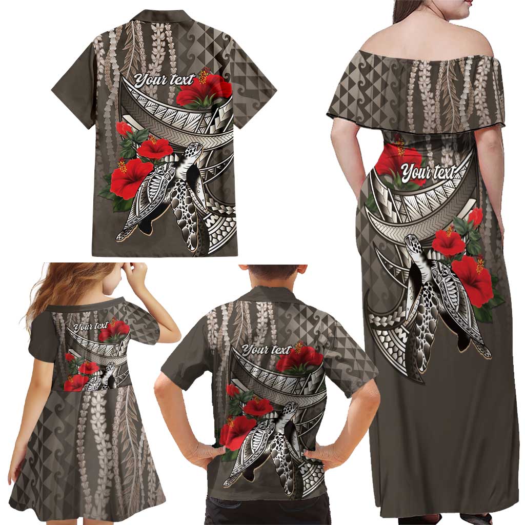 Hawaiian Honu Personalized Family Matching Off Shoulder Maxi Dress and Hawaiian Shirt Mocha Mousse Hibiscus Tribal Hook Pattern