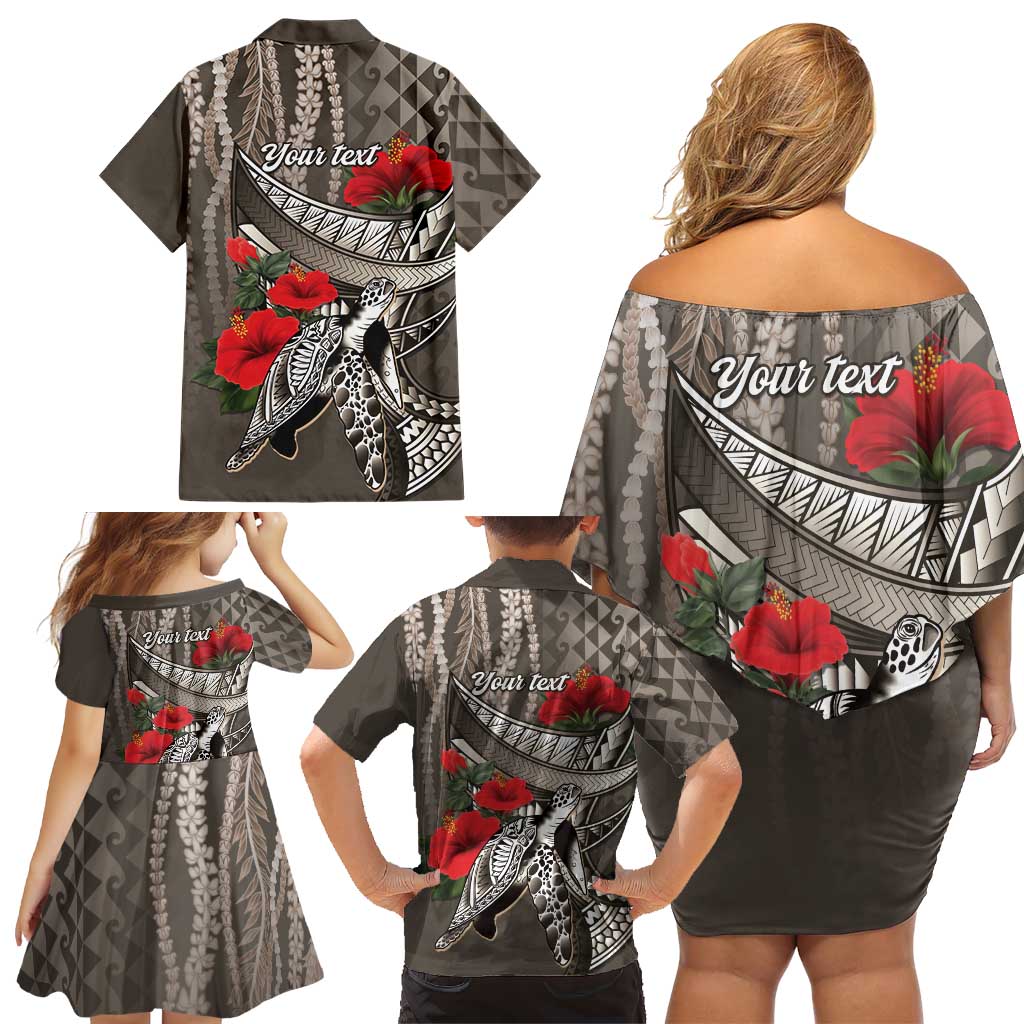 Hawaiian Honu Personalized Family Matching Off Shoulder Short Dress and Hawaiian Shirt Mocha Mousse Hibiscus Tribal Hook Pattern