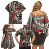 Hawaiian Honu Personalized Family Matching Off Shoulder Short Dress and Hawaiian Shirt Mocha Mousse Hibiscus Tribal Hook Pattern