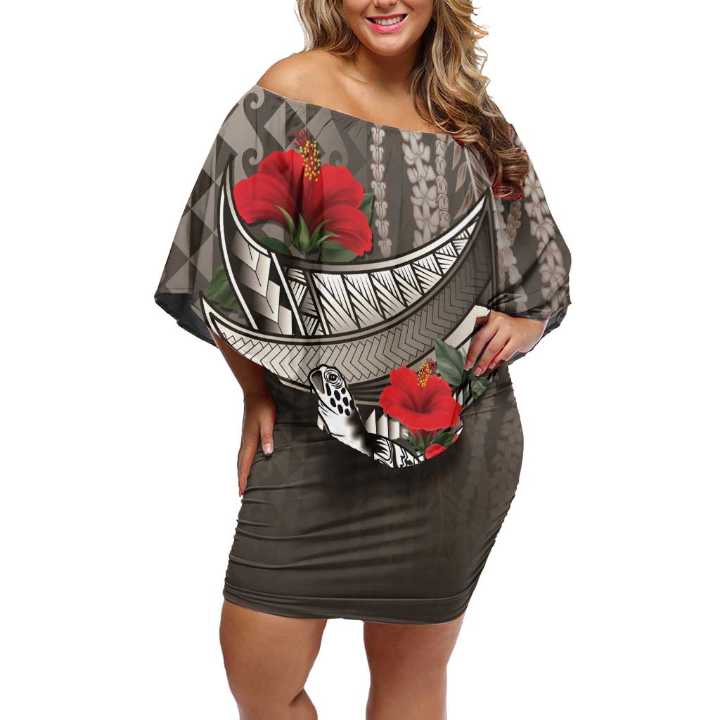 Hawaiian Honu Personalized Family Matching Off Shoulder Short Dress and Hawaiian Shirt Mocha Mousse Hibiscus Tribal Hook Pattern