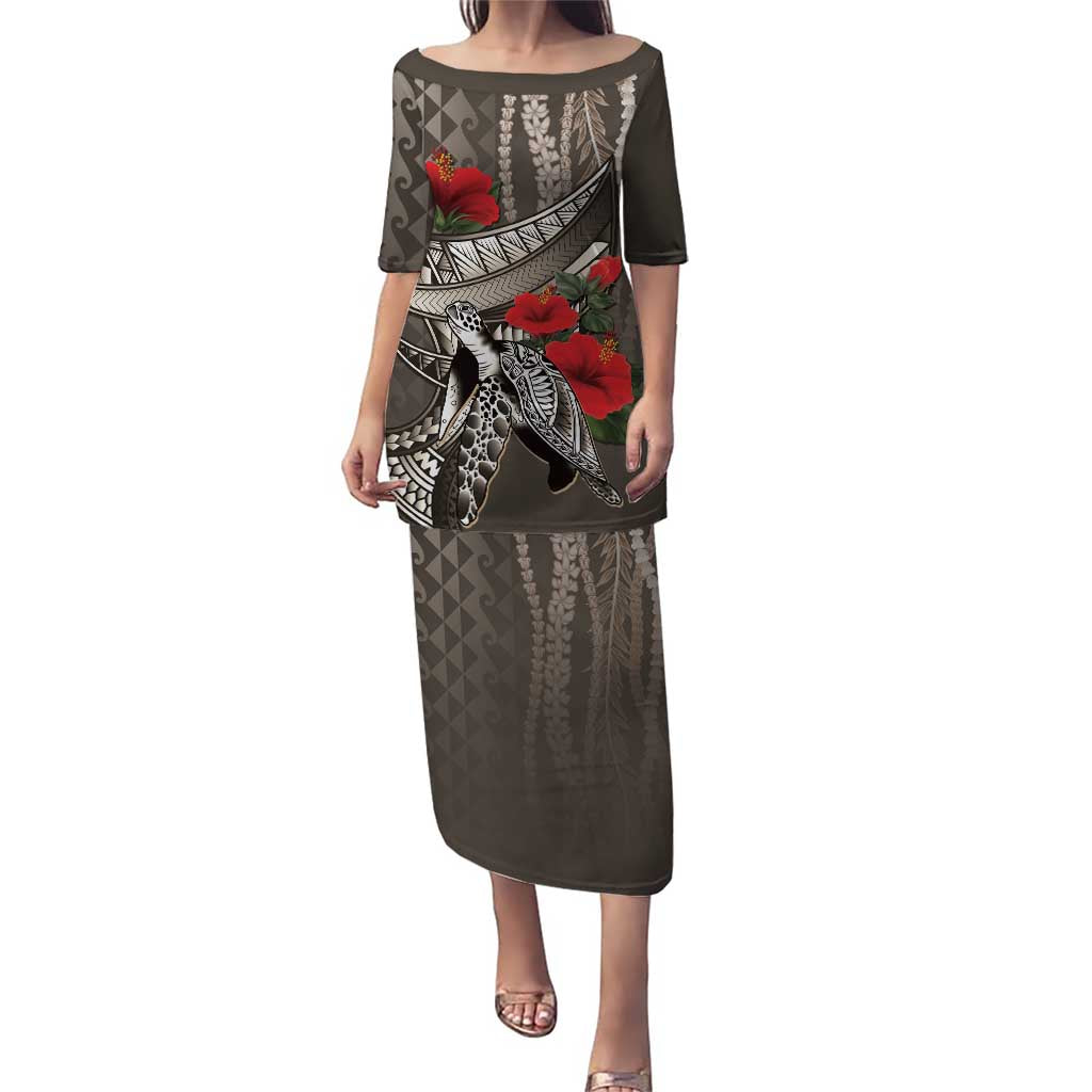 Hawaiian Honu Personalized Family Matching Puletasi and Hawaiian Shirt Mocha Mousse Hibiscus Tribal Hook Pattern