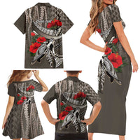Hawaiian Honu Personalized Family Matching Short Sleeve Bodycon Dress and Hawaiian Shirt Mocha Mousse Hibiscus Tribal Hook Pattern
