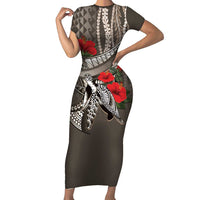 Hawaiian Honu Personalized Family Matching Short Sleeve Bodycon Dress and Hawaiian Shirt Mocha Mousse Hibiscus Tribal Hook Pattern