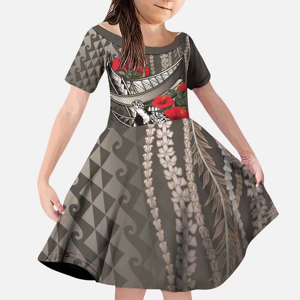 Hawaiian Honu Personalized Family Matching Summer Maxi Dress and Hawaiian Shirt Mocha Mousse Hibiscus Tribal Hook Pattern
