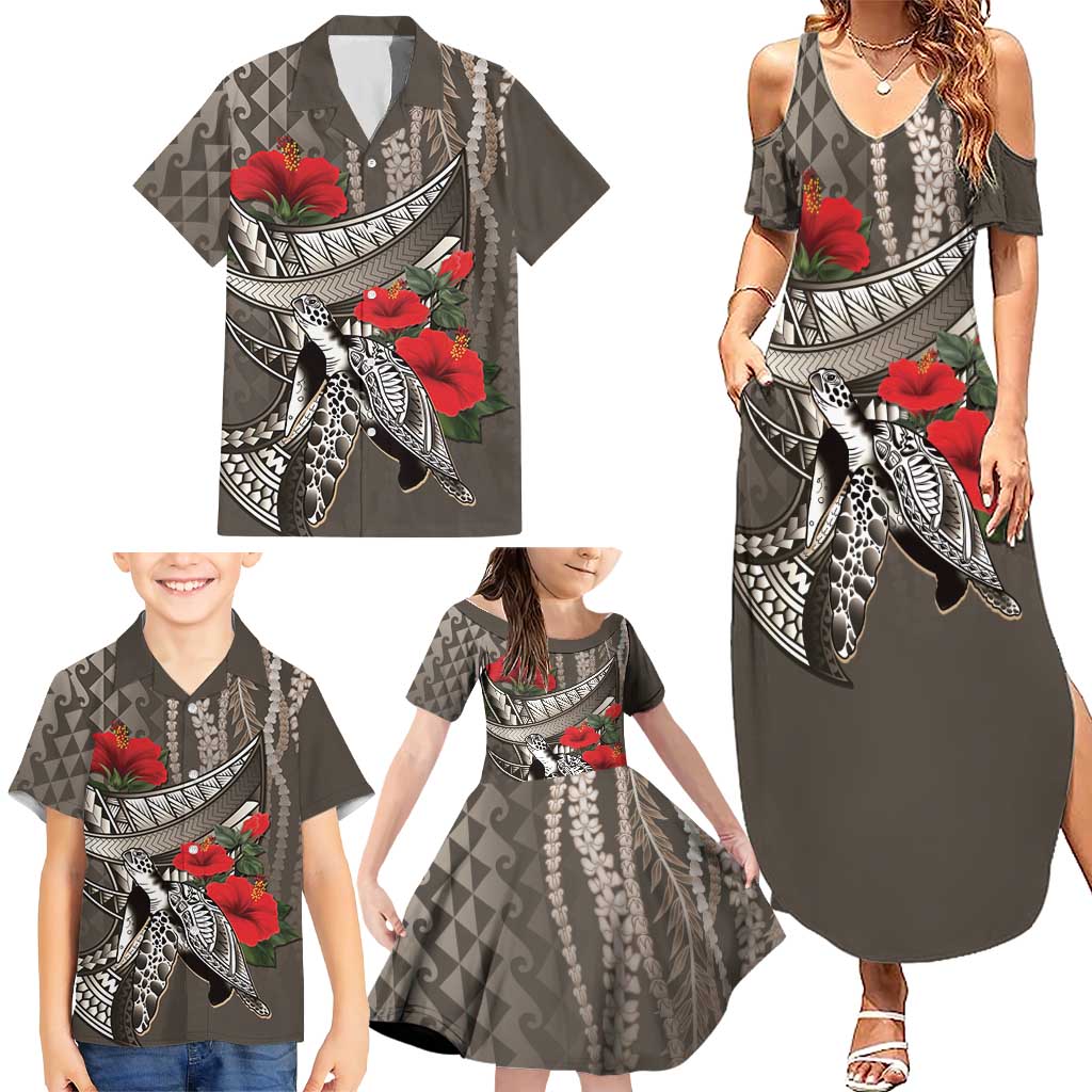 Hawaiian Honu Personalized Family Matching Summer Maxi Dress and Hawaiian Shirt Mocha Mousse Hibiscus Tribal Hook Pattern